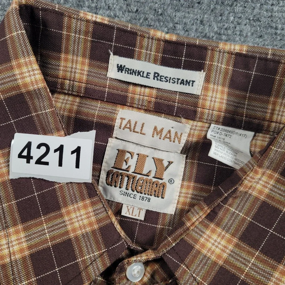 Ely Cattleman Western Shirt Men XLT Brown Plaid Pearl Snap Wrinkle Resistant